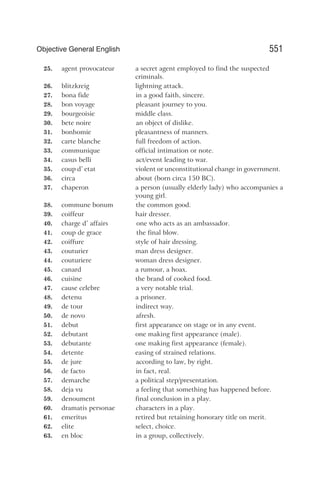25. agent provocateur a secret agent employed to find the suspected
criminals.
26. blitzkreig lightning attack.
27. bona fide in a good faith, sincere.
28. bon voyage pleasant journey to you.
29. bourgeoisie middle class.
30. bete noire an object of dislike.
31. bonhomie pleasantness of manners.
32. carte blanche full freedom of action.
33. communique official intimation or note.
34. casus belli act/event leading to war.
35. coup d’ etat violent or unconstitutional change in government.
36. circa about (born circa 150 BC).
37. chaperon a person (usually elderly lady) who accompanies a
young girl.
38. commune bonum the common good.
39. coiffeur hair dresser.
40. charge d’ affairs one who acts as an ambassador.
41. coup de grace the final blow.
42. coiffure style of hair dressing.
43. couturier man dress designer.
44. couturiere woman dress designer.
45. canard a rumour, a hoax.
46. cuisine the brand of cooked food.
47. cause celebre a very notable trial.
48. detenu a prisoner.
49. de tour indirect way.
50. de novo afresh.
51. debut first appearance on stage or in any event.
52. debutant one making first appearance (male).
53. debutante one making first appearance (female).
54. detente easing of strained relations.
55. de jure according to law, by right.
56. de facto in fact, real.
57. demarche a political step/presentation.
58. deja vu a feeling that something has happened before.
59. denoument final conclusion in a play.
60. dramatis personae characters in a play.
61. emeritus retired but retaining honorary title on merit.
62. elite select, choice.
63. en bloc in a group, collectively.
551
Objective General English
 