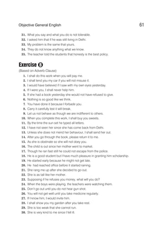 31. What you say and what you do is not tolerable.
32. I asked him that if he was still living in Delhi.
33. My problem is the same that yours.
34. They do not know anything what we know.
35. The teacher told the students that honesty is the best policy.
Exercise
(Based on Adverb Clause)
1. I shall do this work when you will pay me.
2. I shall lend you my car if you will not misuse it.
3. I would have believed if I saw with my own eyes yesterday.
4. If I were you, I shall never help him.
5. If she had a book yesterday she would not have refused to give.
6. Nothing is so good like we think.
7. You have done it because I forbade you.
8. Carry it carefully lest it will break.
9. Let us not behave as though we are indifferent to others.
10. When you complete this work, I shall buy you sweets.
11. By the time the sun set he typed all letters.
12. I have not seen her since she has come back from Delhi.
13. Unless she does not mend her behaviour, I shall send her out.
14. After you go through the book, please return it to me.
15. As she is obstinate so she will not obey you.
16. The child is out since her mother went to market.
17. Though he ran fast still he could not escape from the police.
18. He is a good student but I have much pleasure in granting him scholarship.
19. He started early because he might not get late.
20. He had reached office before it started raining.
21. She rang me up after she decided to go out.
22. She is as tall like her mother.
23. Supposing if he refuses you money, what will you do?
24. When the boys were playing, the teachers were watching them.
25. Don’t go out until you do not hear gun shot.
26. You will not get well until you take medicine regularly.
27. If I know him, I would invite him.
28. I shall show you my garden after you take rest.
29. She is too weak that she cannot run.
30. She is very kind to me since I fell ill.
61
Objective General English
B
 