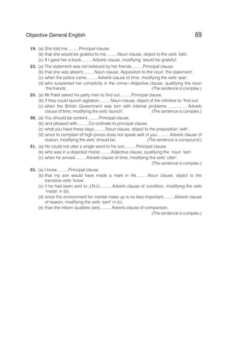 19. (a) She told me..........Principal clause.
(b) that she would be grateful to me..........Noun clause, object to the verb ‘told’.
(c) If I gave her a book..........Adverb clause, modifying ‘would be grateful’.
23. (a) The statement was not believed by her friends..........Principal clause.
(b) that she was absent..........Noun clause, Apposition to the noun ‘the statement’.
(c) when the police came..........Adverb clause of time, modifying the verb ‘was’.
(d) who suspected her complicity in the crime—Adjective clause, qualifying the noun
‘the friends’. (The sentence is complex.)
28. (a) Mr Patel asked his party men to find out..........Principal clause.
(b) if they could launch agitation..........Noun clause, object of the infinitive to ‘find out’.
(c) when the British Government was torn with internal problems ............... Adverb
clause of time, modifying the verb ‘launch’. (The sentence is complex.)
30. (a) You should be content..........Principal clause.
(b) and pleased with..........Co-ordinate to principal clause.
(c) what you have these days..........Noun clause, object to the preposition ‘with’.
(d) since to complain of high prices does not speak well of you.......... Adverb clause of
reason, modifying the verb ‘should be’. (The sentence is compound.)
31. (a) He could not utter a single word to his son..........Principal clause.
(b) who was in a dejected mood..........Adjective clause, qualifying the noun ‘son’.
(c) when he arrived..........Adverb clause of time, modifying the verb ‘utter’.
(The sentence is complex.)
35. (a) I know..........Principal clause.
(b) that my son would have made a mark in life..........Noun clause, object to the
transitive verb ‘know’.
(c) if he had been sent to J.N.U...........Adverb clause of condition, modifying the verb
‘made’ in (b).
(d) since the environment for mental make up is no less important..........Adverb clause
of reason, modifying the verb ‘sent’ in (c).
(e) than the inborn qualities (are)..........Adverb clause of comparison.
(The sentence is complex.)
69
Objective General English
 