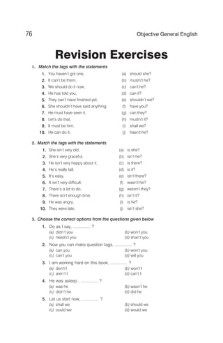 Revision Exercises
1. Match the tags with the statements
1. You haven’t got one, (a) should she?
2. It can’t be them, (b) mustn’t he?
3. We should do it now, (c) can’t he?
4. He has told you, (d) can it?
5. They can’t have finished yet, (e) shouldn’t we?
6. She shouldn’t have said anything, (f) have you?
7. He must have seen it, (g) can they?
8. Let’s do that, (h) mustn’t it?
9. It must be him, (i) shall we?
10. He can do it, (j) hasn’t he?
2. Match the tags with the statements
1. She isn’t very old, (a) is she?
2. She’s very graceful, (b) isn’t he?
3. He isn’t very happy about it, (c) is there?
4. He’s really tall, (d) is it?
5. It’s easy, (e) isn’t there?
6. It isn’t very difficult, (f) wasn’t he?
7. There’s a lot to do, (g) weren’t they?
8. There isn’t enough time, (h) isn’t it?
9. He was angry, (i) is he?
10. They were late, (j) isn’t she?
3. Choose the correct options from the questions given below
1. Do as I say, ............... ?
(a) didn’t you (b) won’t you
(c) needn’t you (d) shan’t you
2. Now you can make question tags, ............... ?
(a) can you (b) won’t you
(c) can’t you (d) will you
3. I am working hard on this book, ............... ?
(a) don’t I (b) won’t I
(c) aren’t I (d) can’t I
4. He was asleep , ............... ?
(a) was he (b) wasn’t he
(c) didn’t he (d) did he
5. Let us start now, ............... ?
(a) shall we (b) should we
(c) could we (d) would we
76 Objective General English
 
