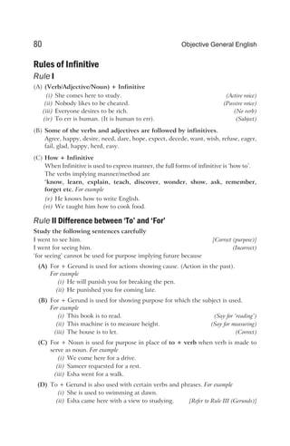 Rules of Infinitive
Rule I
(A) (Verb/Adjective/Noun) + Infinitive
(i) She comes here to study. (Active voice)
(ii) Nobody likes to be cheated. (Passive voice)
(iii) Everyone desires to be rich. (No verb)
(iv) To err is human. (It is human to err). (Subject)
(B) Some of the verbs and adjectives are followed by infinitives.
Agree, happy, desire, need, dare, hope, expect, decede, want, wish, refuse, eager,
fail, glad, happy, herd, easy.
(C) How + Infinitive
When Infinitive is used to express manner, the full forms of infinitive is ‘how to’.
The verbs implying manner/method are
‘know, learn, explain, teach, discover, wonder, show, ask, remember,
forget etc. For example
(v) He knows how to write English.
(vi) We taught him how to cook food.
Rule II Difference between ‘To’ and ‘For’
Study the following sentences carefully
I went to see him. [Correct (purpose)]
I went for seeing him. (Incorrect)
‘for seeing’ cannot be used for purpose implying future because
(A) For + Gerund is used for actions showing cause. (Action in the past).
For example
(i) He will punish you for breaking the pen.
(ii) He punished you for coming late.
(B) For + Gerund is used for showing purpose for which the subject is used.
For example
(i) This book is to read. (Say for ‘reading’)
(ii) This machine is to measure height. (Say for measuring)
(iii) The house is to let. (Correct)
(C) For + Noun is used for purpose in place of to + verb when verb is made to
serve as noun. For example
(i) We come here for a drive.
(ii) Sameer requested for a rest.
(iii) Esha went for a walk.
(D) To + Gerund is also used with certain verbs and phrases. For example
(i) She is used to swimming at dawn.
(ii) Esha came here with a view to studying. [Refer to Rule III (Gerunds)]
80 Objective General English
 