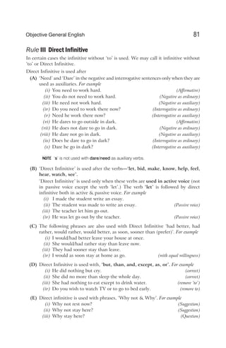 Rule III Direct Infinitive
In certain cases the infinitive without ‘to’ is used. We may call it infinitive without
’to’ or Direct Infinitive.
Direct Infinitive is used after
(A) ‘Need’ and ‘Dare’ in the negative and interrogative sentences only when they are
used as auxiliaries. For example
(i) You need to work hard. (Affirmative)
(ii) You do not need to work hard. (Negative as ordinary)
(iii) He need not work hard. (Negative as auxiliary)
(iv) Do you need to work there now? (Interrogative as ordinary)
(v) Need he work there now? (Interrogative as auxiliary)
(vi) He dares to go outside in dark. (Affirmative)
(vii) He does not dare to go in dark. (Negative as ordinary)
(viii) He dare not go in dark. (Negative as auxiliary)
(ix) Does he dare to go in dark? (Interrogative as ordinary)
(x) Dare he go in dark? (Interrogative as auxiliary)
‘s’ is not used with dare/need as auxiliary verbs.
(B) ‘Direct Infinitive’ is used after the verbs—‘let, bid, make, know, help, feel,
hear, watch, see’.
‘Direct Infinitive’ is used only when these verbs are used in active voice (not
in passive voice except the verb ‘let’.) The verb ‘let’ is followed by direct
infinitive both in active & passive voice. For example
(i) I made the student write an essay.
(ii) The student was made to write an essay. (Passive voice)
(iii) The teacher let him go out.
(iv) He was let go out by the teacher. (Passive voice)
(C) The following phrases are also used with Direct Infinitive ‘had better, had
rather, would rather, would better, as soon, sooner than (prefer)’. For example
(i) I would/had better leave your house at once.
(ii) She would/had rather stay than leave now.
(iii) They had sooner stay than leave.
(iv) I would as soon stay at home as go. (with equal willingness)
(D) Direct Infinitive is used with, ‘but, than, and, except, as, or’. For example
(i) He did nothing but cry. (correct)
(ii) She did no more than sleep the whole day. (correct)
(iii) She had nothing to eat except to drink water. (remove ‘to’)
(iv) Do you wish to watch TV or to go to bed early. (remove to)
(E) Direct infinitive is used with phrases, ‘Why not & Why’. For example
(i) Why not rest now? (Suggestion)
(ii) Why not stay here? (Suggestion)
(iii) Why stay here? (Question)
81
Objective General English
NOTE
 