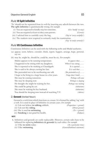 Rule VI Split Infinitive
‘To’ should not be separated from its verb by inserting any adverb between the two.
The split infinitive is grammatically wrong. For example
(i) You are requested to kindly stay for sometime. (Use ‘kindly’ to stay)
(ii) You are required at least to obey your parents. (Correct)
(iii) I advised him to carefully carry the bag. (Say to ‘carry carefully’)
(iv) The students were required to seriously study for examination.
(Say ‘to study seriously’)
Rule VII Continuous Infinitive
Continuous Infinitive can be used with the following verbs and Modal auxliaries.
(a) appear, seem, believe, consider, think, report, happen, arrange, hope, pretend,
say etc.
(b) may be, might be, should be, could be, must be etc. For examples
Malini appears to be running temperature. It appears that.........
I happened to be sitting with my daughters. When I was sitting.........
She is reported to be working at Chandigarh. It is reported.........
She is said to be always cursing her fate. It is said that.........
She pretended not to be overhearing our talk She pretended as if.........
I hope to be living in a large house in a few years. I hope that I shall.........
She may be coming tomorrow. Perhaps will come
She may be sleeping now Perhaps is sleeping
He thought she might be waiting for her. Perhaps was waiting
She could be going by car. (deduction)
She must be waiting for her husband. (deduction)
You should be sleeping now instead of watching T.V. (Advice)
2. Gerund (Verbal Noun)
Gerund is a verb form which functions as a noun. It is formed by adding ‘ing’ with
a verb. It is used in place of Infinitive in certain cases. For example
(i) I do not believe in talking rubbish. (Preposition + gerund)
(ii) I do not like riding. (Direct gerund)
(iii) She is used to swimming. (To + gerund)
(iv) Smoking is not good for health. (Subject)
1. Infinitives and gerunds are easily replaceable. However, certain rules have to be
followed for replacing infinitives & gerunds by each other. For example
(i) I like to swim today. (At a particular time)
(ii) I like swimming. (General/habitual statement)
83
Objective General English
NOTE
 