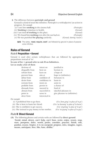 2. The difference between participle and gerund
Gerund is a kind of noun like infinitive. Participle is a verb/adjective (an action in
progress). For example
(i) I saw him smoking in the cinema hall. (Participle)
(ii) Smoking is injurious to health. (Gerund)
(iii) I am tired of working in this place. (Gerund)
(iv) We found him working even after the sun had set. (Participle)
(v) He was punished for playing carelessly. (Gerund, showing ‘reason’)
The verbs, ‘need, require, want’, are followed by gerund in place of passive
voice infinitive.
Rules of Gerund
Rule I Preposition + Gerund
Gerund is used after certain verbs/phrases that are followed by appropriate
prepositions instead of ‘to’.
In case of for + gerund refer to rule II on Infinitives.
Let us study a few of them
desirous of intent on justified in
disqualify from bent on hesitate in
refrain from keen on a hope of
prevent from aim at hope to (infinitive)
debar from confident of fortunate in
desist from confidence in harm in
restrain from insist on assist in
prohibit from persist in a chance of
dissuade from succeed in fond of
abstain from successful in take/feel pleasure in
point in sense in give pleasure to (infinitive)
deter from interested in
For example
(i) I prohibited him to go there. (Use ‘from going’ in place of ‘to go’)
(ii) She is bent to harm her friend. (Use ‘on harming’ in place of ‘to harm’)
(iii) She is confident to get success. (Use ‘of getting’ in place of ‘to get’)
(iv) She insisted to pay money to her mother. (Use ‘on paying’ in place of ‘to pay’)
Rule II Direct Gerund
(A) The following phrases and certain verbs are followed by direct gerund.
‘Avoid, mind, detest, can’t help, can’t bear, resist, enjoy, resent, stop,
start, postpone, defer, worth, prefer, consider, practise, finish, risk,
pardon, excuse, forgive, it is no use/good, propose, miss, imagine, regret,
means, anticipate, love, like, hate, dislike.’
84 Objective General English
NOTE
 