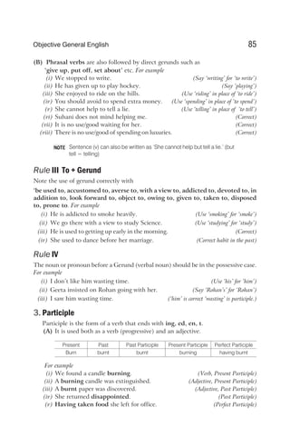 (B) Phrasal verbs are also followed by direct gerunds such as
‘give up, put off, set about’ etc. For example
(i) We stopped to write. (Say ‘writing’ for ‘to write’)
(ii) He has given up to play hockey. (Say ‘playing’)
(iii) She enjoyed to ride on the hills. (Use ‘riding’ in place of ‘to ride’)
(iv) You should avoid to spend extra money. (Use ‘spending’ in place of ‘to spend’)
(v) She cannot help to tell a lie. (Use ‘telling’ in place of ‘to tell’)
(vi) Suhani does not mind helping me. (Correct)
(vii) It is no use/good waiting for her. (Correct)
(viii) There is no use/good of spending on luxuries. (Correct)
Sentence (v) can also be written as ‘She cannot help but tell a lie.’ (but
tell = telling)
Rule III To + Gerund
Note the use of gerund correctly with
‘be used to, accustomed to, averse to, with a view to, addicted to, devoted to, in
addition to, look forward to, object to, owing to, given to, taken to, disposed
to, prone to. For example
(i) He is addicted to smoke heavily. (Use ‘smoking’ for ‘smoke’)
(ii) We go there with a view to study Science. (Use ‘studying’ for ‘study’)
(iii) He is used to getting up early in the morning. (Correct)
(iv) She used to dance before her marriage. (Correct habit in the past)
Rule IV
The noun or pronoun before a Gerund (verbal noun) should be in the possessive case.
For example
(i) I don’t like him wasting time. (Use ‘his’ for ‘him’)
(ii) Geeta insisted on Rohan going with her. (Say ‘Rohan’s’ for ‘Rohan’)
(iii) I saw him wasting time. (‘him’ is correct ‘wasting’ is participle.)
3. Participle
Participle is the form of a verb that ends with ing, ed, en, t.
(A) It is used both as a verb (progressive) and an adjective.
Present Past Past Participle Present Participle Perfect Participle
Burn burnt burnt burning having burnt
For example
(i) We found a candle burning. (Verb, Present Participle)
(ii) A burning candle was extinguished. (Adjective, Present Participle)
(iii) A burnt paper was discovered. (Adjective, Past Participle)
(iv) She returned disappointed. (Past Participle)
(v) Having taken food she left for office. (Perfect Participle)
85
Objective General English
NOTE
 