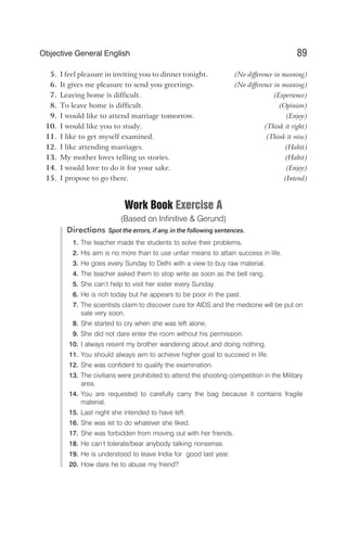 5. I feel pleasure in inviting you to dinner tonight. (No difference in meaning)
6. It gives me pleasure to send you greetings. (No difference in meaning)
7. Leaving home is difficult. (Experience)
8. To leave home is difficult. (Opinion)
9. I would like to attend marriage tomorrow. (Enjoy)
10. I would like you to study. (Think it right)
11. I like to get myself examined. (Think it wise)
12. I like attending marriages. (Habit)
13. My mother loves telling us stories. (Habit)
14. I would love to do it for your sake. (Enjoy)
15. I propose to go there. (Intend)
Work Book Exercise A
(Based on Infinitive & Gerund)
Directions Spot the errors, if any, in the following sentences.
1. The teacher made the students to solve their problems.
2. His aim is no more than to use unfair means to attain success in life.
3. He goes every Sunday to Delhi with a view to buy raw material.
4. The teacher asked them to stop write as soon as the bell rang.
5. She can’t help to visit her sister every Sunday.
6. He is rich today but he appears to be poor in the past.
7. The scientists claim to discover cure for AIDS and the medicine will be put on
sale very soon.
8. She started to cry when she was left alone.
9. She did not dare enter the room without his permission.
10. I always resent my brother wandering about and doing nothing.
11. You should always aim to achieve higher goal to succeed in life.
12. She was confident to qualify the examination.
13. The civilians were prohibited to attend the shooting competition in the Military
area.
14. You are requested to carefully carry the bag because it contains fragile
material.
15. Last night she intended to have left.
16. She was let to do whatever she liked.
17. She was forbidden from moving out with her friends.
18. He can’t tolerate/bear anybody talking nonsense.
19. He is understood to leave India for good last year.
20. How dare he to abuse my friend?
89
Objective General English
 