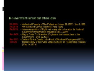 E. Government Service and ethics Laws
RA 8293 - Intellectual Property of The Philippines ( June. 22,1997) / Jan.1,1998
RA 3019 - Anti-Graft and Corrupt Practices Act ( 1961)
RA 8974 - Law on Acquisition of Right – of – way, site or Location for National
Government Infrastructure Projects ( Nov. 7,2000)
RA 8439 - Magna Carta For Scientists, Engineers, and researchers in the
Government. ( Dec. 22,1977)
RA 6713 - Code of Ethical Conduct of a Public Official and Employees (1972)
EO 525 - Responsibility of the Public Estate Authority on Reclamation Projects
( Feb. 14,1979)
 