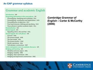 An EAP grammar syllabus
Cambridge Grammar of
English – Carter & McCarthy
(2006)
 