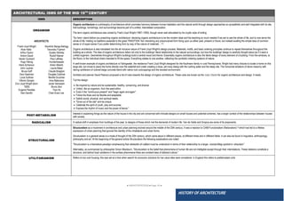 ● IMHOTEP©2018 ●Page 10 ●
HISTORY OF ARCHITECTURE
ARCHITECTURAL ISMS OF THE MID 19TH
CENTURY
ISMS DESCRIPTION
ORGANISM
ARCHITECTS
Frank Lloyd Wright Kendrick Bangs Kellogg
Alvar Aalto Terunobu Fujimori
Arthur Dyson Gustav Stickley
Antoni Gaudi Rudolf Steiner
Hector Guimard Paul Laffoley
Hugo Häring Hundertwasser
Hans Scharoun Anton Alberts
John Lautner Laurie Baker
Bruce Goff Claude Bragdon
Eero Saarinen Douglas Cardinal
Louis Sullivan Neville Gruzman
Vittorio Giorgini Imre Makovecz
Eric Lloyd Wright (born Javier Senosiain
1929) Bruno Zevi
Eugene Pandala Toyo Ito
Nari Gandhi Chen Kuen Lee
Organic architecture is a philosophy of architecture which promotes harmony between human habitation and the natural world through design approaches so sympathetic and well integrated with its site,
that buildings, furnishings, and surroundings become part of a unified, interrelated composition.
The term organic architecture was coined by Frank Lloyd Wright (1867–1959), though never well articulated by his cryptic style of writing:
"So here I stand before you preaching organic architecture: declaring organic architecture to be the modern ideal and the teaching so much needed if we are to see the whole of life, and to now serve the
whole of life, holding no traditions essential to the great TRADITION. Nor cherishing any preconceived form fixing upon us either past, present or future, but instead exalting the simple laws of common
sense or of super-sense if you prefer determining form by way of the nature of materials ..."[1]
Organic architecture is also translated into the all inclusive nature of Frank Lloyd Wright's design process. Materials, motifs, and basic ordering principles continue to repeat themselves throughout the
building as a whole. The idea of organic architecture refers not only to the buildings' literal relationship to the natural surroundings, but how the buildings' design is carefully thought about as if it were a
unified organism. Geometries throughout Wright's buildings build a central mood and theme. Essentially organic architecture is also the literal design of every element of a building: From the windows, to
the floors, to the individual chairs intended to fill the space. Everything relates to one another, reflecting the symbiotic ordering systems of nature.
A well-known example of organic architecture is Fallingwater, the residence Frank Lloyd Wright designed for the Kaufmann family in rural Pennsylvania. Wright had many choices to locate a home on this
large site, but chose to place the home directly over the waterfall and creek creating a close, yet noisy dialog with the rushing water and the steep site. The horizontal striations of stone masonry with
daring cantilevers of colored beige concrete blend with native rock outcroppings and the wooded environment.
Architect and planner David Pearson proposed a list of rules towards the design of organic architecture. These rules are known as the Gaia Charter for organic architecture and design. It reads:
"Let the design:
 Be inspired by nature and be sustainable, healthy, conserving, and diverse.
 Unfold, like an organism, from the seed within.
 Exist in the "continuous present" and "begin again and again".
 Follow the flows and be flexible and adaptable.
 Satisfy social, physical, and spiritual needs.
 "Grow out of the site" and be unique.
 Celebrate the spirit of youth, play and surprise.
 Express the rhythm of music and the power of dance."
POST-METABOLISM
Interest in explaining things as the nature of the house in the city and are concerned with intricate designs on small houses and potential schemes, has a larger context of the relationships between houses
with society.
RADICALISM A radical shift in emphasis from buildings of the past, to designs of those which met the demands of modern life. Van de Velde and Gropius are some of its proponents.
STRUCTURALISM
Structuralism as a movement in architecture and urban planning evolved around the middle of the 20th century. It was a reaction to CIAM-Functionalism (Rationalism) [1] which had led to a lifeless
expression of urban planning that ignored the identity of the inhabitants and urban forms.
Structuralism in a general sense is a mode of thought of the 20th century, which came about in different places, at different times and in different fields. It can also be found in linguistics, anthropology,
philosophy and art. At the beginning of the general article Structuralism the following explanations are noted:
"Structuralism is a theoretical paradigm emphasizing that elements of culture must be understood in terms of their relationship to a larger, overarching system or structure."
Alternately, as summarized by philosopher Simon Blackburn, "Structuralism is the belief that phenomena of human life are not intelligible except through their interrelations. These relations constitute a
structure, and behind local variations in the surface phenomena there are constant laws of abstract culture."
UTILITARIANISM Refers to low cost housing; this was set at a time when search for economic solutions for low value sites were considered. In England this refers to prefabricated units
 