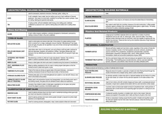● IMHOTEP©2018 ●Page 101 ●
BUILDING TECHNOLOGY & MATERIALS
ARCHITECTURAL BUILDING MATERIALS
dials.
GLASS PRODUCTS
GLASS BLOCKS
Comparable in many ways to unit masonry but have the added feature of transmitting
light.
SOLID GLASS BRICK
Also made to admit light into a building, because of its solid construction, it offers greater
protection against vandalism than conventional window glass or glass blocks. The ability
of the brick is to allow undistorted passage of light.
Plastics And Related Products
PLASTICS
a large group of synthetic materials which are made from a number of common
substances such as coal, salt, oil, natural gas, cotton, wood and water. From these,
relatively simple chemicals known as monomers, which are capable of reacting with one
another are produced. These are then built up into chainlike molecules of high molecular
weight called polymers.
TWO GENERAL CLASSIFICATION
THERMOPLASTICS
Become soft when heated and hard when cooled, regardless of the number of times the
process is repeated. Include in the thermoplastics are acrylic cellulosis, polyethylene,
polyvinyl chloride (PVC) polysterene, polyallomers polycarbonates, polyimide,
polypropylene, polysulfone, phenylene oxide, nylons, methyl pertenes, ionomer,
fluoroplastics, acetal and acryonitrile butadieniene styrene (ABS).
THERMOSETTING PLASTICS
Set into a permanent shape when heat and pressure are applied to them during the
forming stage. Thermosetting group includes phenolics, aminos (urea and melamine)
epoxies, polyesters, polyurethane, alkyd silicones and diallyl phthalate (DAP).
PRODUCTION
Plastics products are formed by a number of methods which include:
INJECTION MOLDING
PROCESS
Measured amount of powder or granules is heated and when flowing forced through the
nozzle of the barrel into a shaped cavity, where it cools of solidities.
BLOW-MOLDING PROCESS
An extruder extrudes a hollow tube which is captured between the two halves of a hollow.
As the mold closes, air is blown into the tube and expands it to fit inside surface of the
mold.
ROTATIONAL MOLDING
Used to form hollow units with complex shapes and heavy walls, a premeasured amount
of powder or liquid resin is placed at the bottom half of a cold mold which is then closed.
EXPANDABLE BEAD
MOLDING
A process used to produce light weight products of polysterene foam, small granules of
polystyrene with a small amount of an expanding agent are placed in a rolling drum and
steam heated.
COMPRESSION MOLDING
A measured quantity of powder in a heated mold, which is then closed. Heat and
pressure are applied to the powder which melts and flows to all parts of the mold.
TRANSFER MOLDING
Similar to compression molding except that the powder is heated and liquefied outside
the mold and injected into the mold under heat and pressure, where the forming and
setting takes place.
ARCHITECTURAL BUILDING MATERIALS
used for downspout, electrical conductors, flashings, gutter, roofing, etc.
LEAD
A soft, malleable, heavy metal; has low melting point and a high coefficient of thermal
expansion. Very easy to cut and work, enabling it to be fitted over uneven surfaces. Used
for roofing, flashing and spandrel wall panels.
TIN
A lustrous white, soft and malleable metal having a low melting point; relatively
unaffected by exposure to air; used for making alloys and solder and in coating sheet
metal.
Glass And Glazing
GLASS
A hard, brittle inorganic substance, ordinarily transparent or translucent; produced by
melting a mixture of silica, a flux and a stabilizer.
TYPES OF GLASS
REFLECTIVE GLASS
Used to control glare and reduce solar heat. It the product of a glass-coating process
which is carried out in a large, rectangular vacuum chamber. Manufactured in two types,
silver and gold, the glass can be specified in any one of three nominal light transmittance
of 8, 14, or 20 %.
ROLLED AND ROUGH CAST
GLASS
Used where clear vision is not required, such as by factory roofs and walls, windows for
halls and staircases, skylights, and partitions in offices. Cast glass diffuses light, and
because of its low reflecting and absorption index, transmits 90 to 93 percent of light rays
striking it.
CATHEDRAL AND FIGURED
GLASS
Manufacturing is similar to rolled and rough-cast glasses. However, they contain a
pattern or texture impressed usually on one surface by a patterned roller.
WIRED GLASS Simply a rolled glass into which wire mesh is inserted during the process of manufacture.
HEAT –ABSORBING PLATE
GLASS
Made by adding ingredients to the mix used in making regular slate glass so that the
finished product is pale bluish-green or gray.
TEMPERED PLATE GLASS
Three to five times as strong as regular plate of the same thickness – and area in
resisting compressive forces and fracture due to strain or thermal shock.
VITREOUS COLORED PLATE
Polished plate glass can be heat-strengthened and coated on one side with vitreous color
which is fire-fused to the surface.
LAMINATED SAFETY GLASS
(BULLET PROOFING)
Widely used in the automotive industry and transportation, but now finding some uses in
the building industry, like glass that can withstand firearm attack and explosions.
INSULATING GLASS
Consists of two sheets of plate or sheet glass, separated by an air space, and joined
around the edges to produce a hermitically sealed unit.
CLASSIFICATION OF SHEET GLASS
WINDOW GLASS
Used for glazing windows doors and storm sash in residential buildings where good light
and vision are required at moderate cost.
HEAVY SHEET GLASS
Used for glazing windows and doors where greater strength is required but where slight
distortion is not objectionable.
PICTURE GLASS Used for covering pictures, photographs, maps, charts projector slides and instrument
 