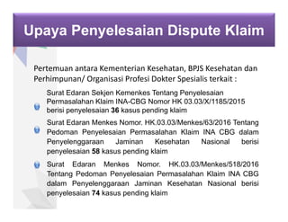 Upaya Penyelesaian Dispute Klaim
Pertemuan antara Kementerian Kesehatan, BPJS Kesehatan dan
Perhimpunan/ Organisasi Profesi Dokter Spesialis terkait :
Surat Edaran Sekjen Kemenkes Tentang Penyelesaian
Permasalahan Klaim INA-CBG Nomor HK 03.03/X/1185/2015
berisi penyelesaian 36 kasus pending klaim
Surat Edaran Menkes Nomor. HK.03.03/Menkes/63/2016 Tentang
Pedoman Penyelesaian Permasalahan Klaim INA CBG dalam
Penyelenggaraan Jaminan Kesehatan Nasional berisi
penyelesaian 58 kasus pending klaim
Surat Edaran Menkes Nomor. HK.03.03/Menkes/518/2016
Tentang Pedoman Penyelesaian Permasalahan Klaim INA CBG
dalam Penyelenggaraan Jaminan Kesehatan Nasional berisi
penyelesaian 74 kasus pending klaim
 