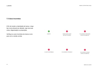 7.3 Usos incorretos
A fim de manter a identidade da marca, o logo-
tipo nunca deverá ser alterado, seja nas suas
cores, diagramação ou proporções.
Verifique os usos incorretos da marca e com-
pare com a versão correta.
FOI ALTERADA A PROPORÇÃO
ENTRE OS ELEMENTOS.
O LOGO FOI DEFORMADO FOI ALTERADA A TIPOGRAFIA
FORAM USADAS CORES
NÃO INSTITUCIONAIS
CORRETO
FOI ALTERADO O ESPAÇO
ENTRE OS ELEMENTOS
7. LOGOTIPO
MARCA DO CLIENTE
MANUAL DA IDENTIDADE VISUAL
28
 