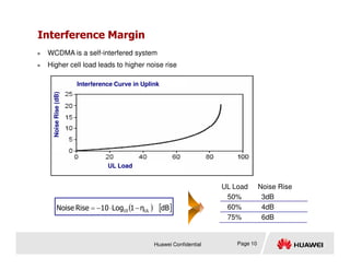 Interference Margin
Noise
Rise
(dB)
Interference Curve in Uplink
 WCDMA is a self-interfered system
 Higher cell load leads to higher noise rise
Huawei Confidential Page 10
( ) [ ]
dB
η
1
Log
10
Rise
Noise UL
10 −
⋅
−
=
UL Load Noise Rise
50% 3dB
60% 4dB
75% 6dB
UL Load
Noise
Rise
(dB)
 