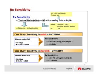 NodeB: 1.6dB for 2.1GHz;
1.8dB for 900MHz, 800MHz
UE: 7dB
Rx Sensitivity
= Thermal Noise (dBm) + NF – Processing Gain + Eb/No
Rx Sensitivity
=-174dBm/Hz + 10*log(3840000)
Case Study: Sensitivity in uplink – UMTS2100
Rx Sensitivity :
PG = 10*log(3840/R)
R: data rate
Huawei Confidential Page 11
Channel model: TU3
CS64kbps



 Eb/No=2.72dB
Rx Sensitivity :
= -108+1.6-10*log(3840/64)+2.72
= -121.6dBm
Channel Model: TU3
CS64kbps



 Eb/No=6.3dB
Case Study: Sensitivity in downlink – UMTS2100
Rx Sensitivity :
= -108+7.0-10*log(3840/64)+6.3
= -112.6 dBm
 