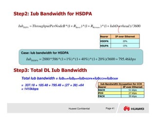 Step2: Iub Bandwidth for HSDPA
3600
/
)
1
(
*
)
1
(
*
)
1
(
* Re d
IubOverhea
R
R
PerNodeB
Throughput
Iub trans
Burst
HSPA +
+
+
=
Bearer IP over Ethernet
HSDPA 20%
HSUPA 15%
Case: Iub bandwidth for HSDPA
kbps
IubHSDPA 46
.
795
20%)/3600
(1
*
40%)
(1
*
1%)
(1
*
586
*
2880 =
+
+
+
=
Huawei Confidential Page 41
kbps
IubHSDPA 46
.
795
20%)/3600
(1
*
40%)
(1
*
1%)
(1
*
586
*
2880 =
+
+
+
=
Step3: Total DL Iub Bandwidth
Total Iub bandwidth = Iubcs+Iubps+IubHSDPA+IubCCH+IubOM
= 337.18 + 185.48 + 795.46 + (27 + 39) +64
= 1410kbps
Iub Bandwidth Occupation for CCH
Bearer IP over Ethernet
RACH 51 kbps
PCH 27 kbps
FACH 39 kbps
 