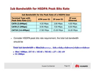 Iub Bandwidth for HSDPA Peak Bits Rate
Iub Bandwidth for the Peak Rate of a HSDPA User
Terminal Type with
Peak Data Rate (L1)
ATM over E1 IP over E1
IP over
Ethernet
CAT6 (3.6Mbps) 4.50 Mbps 3.80 Mbps 4.00 Mbps
CAT8 (7.2Mbps) 8.90 Mbps 7.50 Mbps 8.00 Mbps
CAT10 (14.4Mbps) 17.80 Mbps 15.00 Mbps 16.00 Mbps
Huawei Confidential Page 42
Total Iub bandwidth = Max(IubHSDPAPeak , Iubcs+Iubps+IubHSDPA)+IubCCH+IubOM
= Max( 16Mbps, 337.18 + 185.48 + 795.46) + (27 + 39) +64
= 16.13Mbps
 Consider HSDPA peak bits rate requirement, the total Iub bandwidth
should be
 