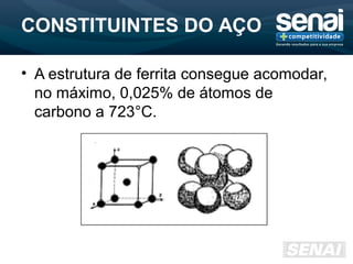 CONSTITUINTES DO AÇO
• A estrutura de ferrita consegue acomodar,
no máximo, 0,025% de átomos de
carbono a 723°C.
 