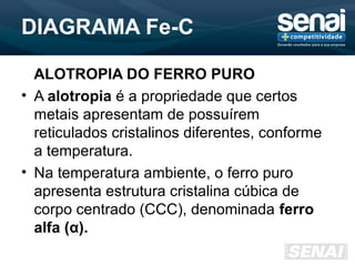 DIAGRAMA Fe-C
ALOTROPIA DO FERRO PURO
• A alotropia é a propriedade que certos
metais apresentam de possuírem
reticulados cristalinos diferentes, conforme
a temperatura.
• Na temperatura ambiente, o ferro puro
apresenta estrutura cristalina cúbica de
corpo centrado (CCC), denominada ferro
alfa (α).
 
