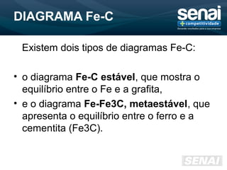 DIAGRAMA Fe-C
Existem dois tipos de diagramas Fe-C:
• o diagrama Fe-C estável, que mostra o
equilíbrio entre o Fe e a grafita,
• e o diagrama Fe-Fe3C, metaestável, que
apresenta o equilíbrio entre o ferro e a
cementita (Fe3C).
 