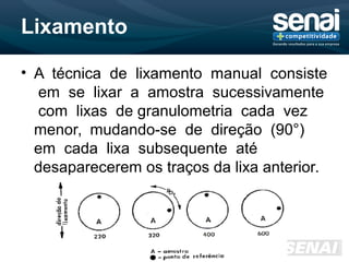Lixamento
• A técnica de lixamento manual consiste
em se lixar a amostra sucessivamente
com lixas de granulometria cada vez
menor, mudando-se de direção (90°)
em cada lixa subsequente até
desaparecerem os traços da lixa anterior.
 