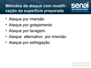 Métodos de ataque com modifi-
cação da superfície preparada
• Ataque por imersão
• Ataque por gotejamento
• Ataque por lavagem
• Ataque alternativo por imersão
• Ataque por esfregação
 