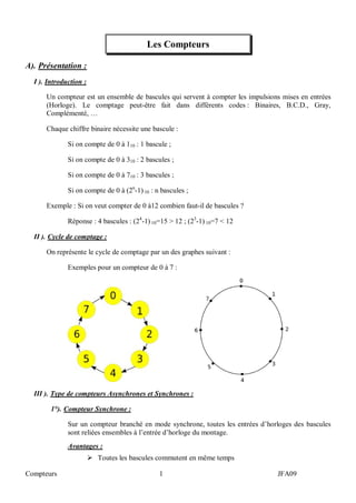 Compteurs 1 JFA09
Les Compteurs
A). Présentation :
I ). Introduction :
Un compteur est un ensemble de bascules qui servent à compter les impulsions mises en entrées
(Horloge). Le comptage peut-être fait dans différents codes : Binaires, B.C.D., Gray,
Complémenté, …
Chaque chiffre binaire nécessite une bascule :
Si on compte de 0 à 110 : 1 bascule ;
Si on compte de 0 à 310 : 2 bascules ;
Si on compte de 0 à 710 : 3 bascules ;
Si on compte de 0 à (2n
-1) 10 : n bascules ;
Exemple : Si on veut compter de 0 à12 combien faut-il de bascules ?
Réponse : 4 bascules : (24
-1) 10=15 > 12 ; (23
-1) 10=7 < 12
II ). Cycle de comptage :
On représente le cycle de comptage par un des graphes suivant :
Exemples pour un compteur de 0 à 7 :
III ). Type de compteurs Asynchrones et Synchrones :
1°). Compteur Synchrone :
Sur un compteur branché en mode synchrone, toutes les entrées d’horloges des bascules
sont reliées ensembles à l’entrée d’horloge du montage.
Avantages :
 Toutes les bascules commutent en même temps
 