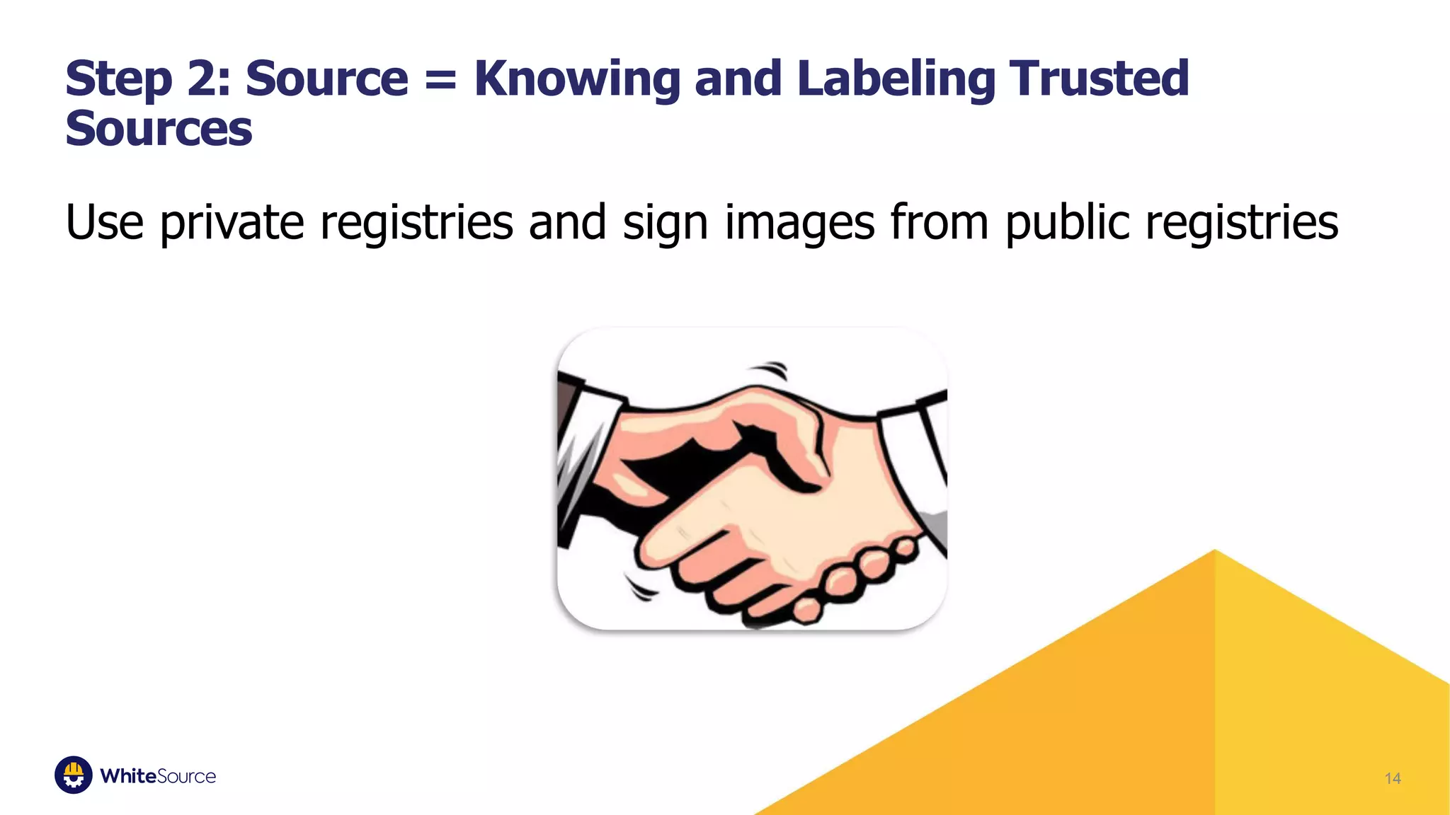 14
Step 2: Source = Knowing and Labeling Trusted
Sources
Use private registries and sign images from public registries
