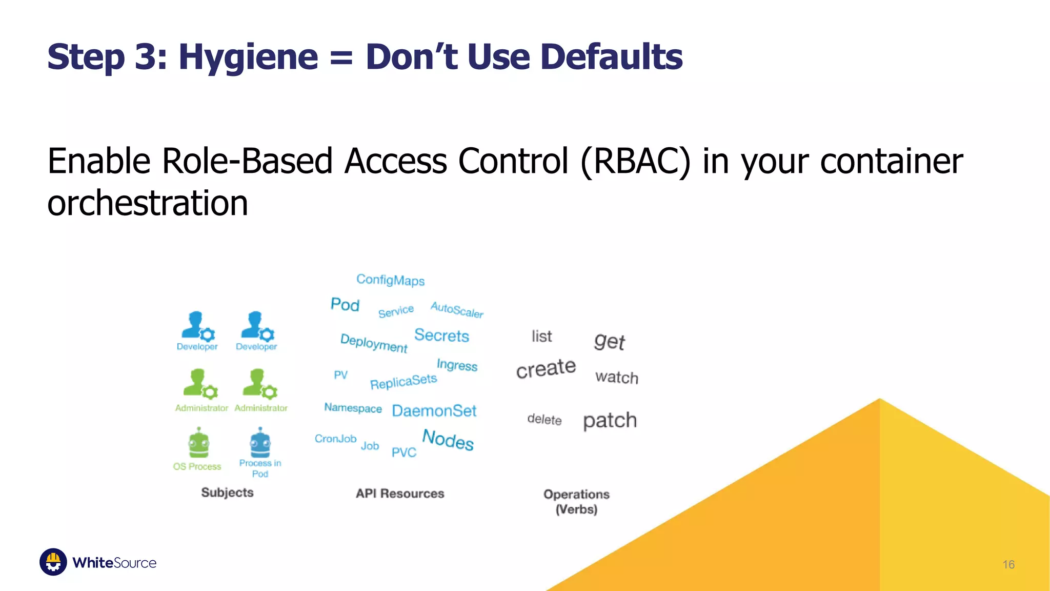 16
Step 3: Hygiene = Don’t Use Defaults
Enable Role-Based Access Control (RBAC) in your container
orchestration