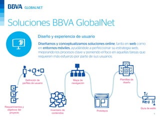 Soluciones BBVA GlobalNet
                             Diseño y experiencia de usuario
                             Diseñamos y conceptualizamos soluciones online, tanto en web como
                             en entornos móviles, ayudándole a perfeccionar su estrategia web,
                             mejorando los procesos clave y poniendo el foco en aquellas tareas que
                             requieren más esfuerzo por parte de sus usuarios.




                 Definición de                        Mapa de                     Plantillas de
               perfiles de usuario                   navegación                      diseño




Requerimientos y
                                                                                                  Guía de estilo
  objetivos del                      Inventario de                 Prototipos
    proyecto                          contenidos                                                              4
 