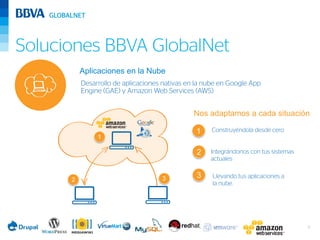 Soluciones BBVA GlobalNet
          Aplicaciones en la Nube
          Desarrollo de aplicaciones nativas en la nube en Google App
          Engine (GAE) y Amazon Web Services (AWS)


                                               Nos adaptamos a cada situación

                                               1    Construyéndola desde cero
               1

                                               2    Integrándonos con tus sistemas
                                                    actuales


      2                             3          3     Llevando tus aplicaciones a
                                                     la nube.




                                                                                     7
 