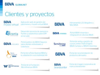 Clientes y proyectos
      Aplicación web de gestión del        Herramientas 2.0: Blogsfera y
      patrimonio y museo virtual BBVA      Wiki BBVA


      Desarrollo servicios de asesoría a
      Pymes y autónomos sobre ERP          Portal BBVA Vivienda e
                                           integración en oficinas BBVA
      en la nube


      Portal público de BBVA Seguros       Portal de venta y gestión de
      para clientes individuales y         cursos online That’s English,
      colectivos                           BBVA Campus y BBVA E-learning


      Portal de la Ruta Quetzal BBVA y     Portal de recomendación de
      su adaptación a accesibilidad AA     productos derivados



      Portal de la Fundación               Portal de imagen corporativa de
      Microfinanzas BBVA                   marca: brandcenter

                                                                             9
 