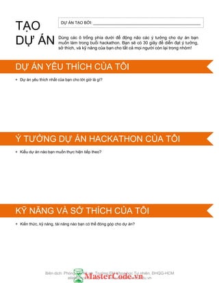 DỰ ÁN TẠO BỞI: _________________________________________________
+ Dự án yêu thích nhất của bạn cho tới giờ là gì?
+ Kiểu dự án nào bạn muốn thực hiện tiếp theo?
SKILLS IN SCRATCH
+ Kiến thức, kỹ năng, tài năng nào bạn có thể đóng góp cho dự án?
Dùng các ô trống phía dƣới để động não các ý tƣởng cho dự án bạn
muốn làm trong buổi hackathon. Bạn sẽ có 30 giây để diễn đạt ý tƣởng,
sở thích, và kỹ năng của bạn cho tất cả mọi ngƣời còn lại trong nhóm!
TẠO
DỰ ÁN
DỰ ÁN YÊU THÍCH CỦA TÔI
Ý TƢỞNG DỰ ÁN HACKATHON CỦA TÔI
KỸ NĂNG VÀ SỞ THÍCH CỦA TÔI
Biên dịch: Phòng TN AILab, Trƣờng ĐH Khoa học Tự nhiên, ĐHQG-HCM
ailab@hcmus.edu.vn - www.ailab.hcmus.edu.vn
 