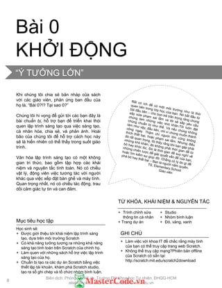 “Ý TƢỞNG LỚN”
Khi chúng tôi chia sẻ bản nháp của sách
với các giáo viên, phản ứng ban đầu của
họ là, “Bài 0?!? Tại sao 0?”
Chúng tôi hi vọng để gửi tới các bạn đây là
bài chuẩn bị, hỗ trợ bạn để triển khai thói
quen lập trình sáng tạo qua việc sáng tạo,
cá nhân hóa, chia sẻ, và phản ánh. Hoài
bão của chúng tôi để hỗ trợ cách học này
sẽ là hiển nhiên có thể thấy trong suốt giáo
trình.
Văn hóa lập trình sáng tạo có một không
gian tri thức, bao gồm tập hợp các khái
niệm và nguyên tắc tính toán. Nó có chiều
vật lý, động viên việc tƣơng tác với ngƣời
khác qua việc xếp đặt bàn ghế và máy tính.
Quan trọng nhất, nó có chiều tác động, trau
dồi cảm giác tự tin và can đảm.
Bài 0
KHỞI ĐỘNG
+ Làm việc với khoa IT để chắc rằng máy tính
của bạn có thể truy cập trang web Scratch.
+ Không thể truy cập mạng?Phiên bản offline
của Scratch có sẵn tại:
http://scratch.mit.edu/scratch2download
GHI CHÚ
+ Trình chỉnh sửa
thông tin cá nhân
+ Trang dự án
+ Studio
+ Nhóm bình luận
+ Đỏ, vàng, xanh
TỪ KHÓA, KHÁI NIỆM & NGUYÊN TẮC
Mục tiêu học tập
Học sinh sẽ:
+ Đƣợc giới thiệu tới khái niệm lập trình sáng
tạo, dựa trên môi trƣờng Scratch
+ Có khả năng tƣởng tƣợng ra những khả năng
sáng tạo tính toán trên Scratch của chính họ.
+ Làm quen với những sách hỗ trợ việc lập trình
sáng tạo của họ.
+ Chuẩn bị tạo ra các dự án Scratch bằng việc
thiết lập tài khoản, khám phá Scratch studio,
tạo ra sổ ghi chép và tổ chức nhóm bình luận.
8
Biên dịch: Phòng TN AILab, Trƣờng ĐH Khoa học Tự nhiên, ĐHQG-HCM
ailab@hcmus.edu.vn - www.ailab.hcmus.edu.vn
 