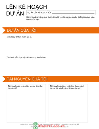 Dùng khoảng trắng phía dƣới để nghĩ về những yếu tố cần thiết giúp phát triển
dự án của bạn.
Miêu tả dự án bạn muốn tạo ra.
Các bƣớc cần thực hiện để tạo ra dự án của bạn.
Tài nguyên nào (e.g., nhân lực, dự án mẫu)
bạn đã có?
Tài nguyên nào(e.g., nhân lực, dự án mẫu)
bạn có thể sẽ cần để phát triển dự án?
DỰ ÁN LÊN KẾ HOẠCH BỞI: ___________________________________________
LÊN KẾ HOẠCH
DỰ ÁN
DỰ ÁN CỦA TÔI
TÀI NGUYÊN CỦA TÔI
Biên dịch: Phòng TN AILab, Trƣờng ĐH Khoa học Tự nhiên, ĐHQG-HCM
ailab@hcmus.edu.vn - www.ailab.hcmus.edu.vn
 