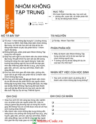 BÀI6
BÀITẬP
 Tổ chức 1 nhóm không tập trung là 1 ý tƣởng chúng
tôi mƣợn từ IDEO. Giới thiệu khái niệm nhóm không
tập trung, nơi mà các học sinh sẽ chia sẻ dự án-
đang-hoàn thành và yêu cầu phản hồi từ 1 nhóm
ngƣời đa dạng.
 Không bắt buộc, phân phát sách Nhóm Không Tập
trung cho mỗi ngƣời.
 Giúp học sinh nghĩ ra các thành viên cho nhóm không
tập trung. Khuyến khích họ xem xét các đối tƣợng
hƣớng tới cũng nhƣ các ngƣời dùng lạ hoặc các
trƣờng hợp không ngờ tới mà có thể cho bạn góc
nhìn độc nhất hay phản hồi thú vị (e.g., phụ huynh,
giáo viên, anh em, các học sinh khác, thành viên
cộng đồng).
 Cho học sinh thời gian để nhận diện, phỏng vấn,
quan sát và ghi nhận các phản hồi từ 2 thành viên
nhóm không tập trung.
 Cho học sinh thời gian để gặp gỡ thành viên nhóm
dự án để chia sẻ các phản hồi từ các nguồn nhóm
không tập trung khác nhau. Không bắt buộc, thu thập
các tài liệu Nhóm Không Tập trung đã hoàn thành
vào cuối bài tập để trả lại cho học sinh vào lúc bắt
đầu buổi Tiếp tục Dự án hay Thiết kế Sprint.
MÔ TẢ BÀI TẬP
MỤC TIÊU
Khi hoàn thành bài tập này, học sinh sẽ:
+ phỏng vấn, quan sát, và nhận phản hồi
về dự án-đang-hoàn thành
 Tải liệu Nhóm Tách Rời
TÀI NGUYÊN
+ Miêu tả thành viên Nhóm Không Tập
trung của bạn và lý do tại sao bạn lại
chọn những ngƣời này.
+ Ý tƣởng của họ sẽ tác động tới dự án
của bạn nhƣ thế nào?
PHẦN PHẢN HỒI
+ Học sinh có định danh và phỏng vấn 2
thành viên nhóm không tập trung không?
NHẬN XÉT VIỆC CỦA HỌC SINH
NHÓM KHÔNG
TẬP TRUNG
T H Ờ I G I A N :
30–45 PHÚT
GHI CHÚ GHI CHÚ CÁ NHÂN




+ Giúp học sinh trở nên sáng tạo trong việc nghiên
cứu và phám phá các nguồn phản hồi. Liệu có
công ty game địa phƣơng nào có hứng thú muốn
giúp đỡ không? Dự án có thể đƣợc chia sẻ với học
sinh trƣờng khác không?
+ Nếu thành viên nhóm không tập trung không sẵn
sàng đƣợc cho phỏng vấn trong buổi học (e.g., phụ
huynh, giáo viên, anh em, các học sinh khác, thành
viên cộng đồng), bạn có thể tổ chức bài tập ngoài
thời gian lên lớp hoặc giao nó nhƣ bài tập về nhà.
 