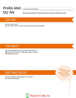 PHẢN ÁNH
DỰ ÁN
FEEDBAC
K FOR:Dự án của bạn là gì?
Nó vận hành ra sao? Làm thế nào bạn nghĩ ra đƣợc ý tƣởng đó?
Quy trình để phát triển dự án của bạn nhƣ thế nào?
Điều gì thú vị, thử thách, và đầy ngạc nhiên? Tại sao?
Bạn đã học đƣợc gì?
Bạn tự hào điều gì nhất trong dự án của bạn?
Bạn sẽ thay đổi điều gì?
GIỜ SAO NỮA?
DỰ ÁN PHẢN ÁNH BỞI: ____________________________________________
Dùng khoảng trắng ở dƣới để phản ánh quá trình thiết kế của bạn.
CÁI GÌ?
THÌ SAO?
 