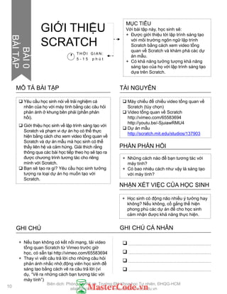  Yêu cầu học sinh nói về trải nghiệm cá
nhân của họ với máy tính bằng các câu hỏi
phản ánh ở khung bên phải (phần phản
hồi).
 Giới thiệu học sinh về lập trình sáng tạo với
Scratch và phạm vi dự án họ có thể thực
hiện bằng cách cho xem video tổng quan về
Scratch và dự án mẫu mà học sinh có thể
thấy liên hệ và cảm hứng. Giải thích rằng
thông qua các bài học tiếp theo họ sẽ tạo ra
đƣợc chƣơng trình tƣơng tác cho riêng
mình với Scratch.
 Bạn sẽ tạo ra gì? Yêu cầu học sinh tƣởng
tƣợng ra loại dự án họ muốn tạo với
Scratch.
MÔ TẢ BÀI TẬP
 Máy chiếu để chiếu video tổng quan về
Scratch (tùy chọn)
 Video tổng quan về Scratch
http://vimeo.com/65583694
http://youtu.be/-SjuiawRMU4
 Dự án mẫu
http://scratch.mit.edu/studios/137903
TÀI NGUYÊN
+ Những cách nào để bạn tƣơng tác với
máy tính?
+ Có bao nhiêu cách nhƣ vậy là sáng tạo
với máy tính?
PHẦN PHẢN HỒI
+ Học sinh có động não nhiều ý tƣởng hay
không? Nếu không, cố gắng thể hiện
phong phú các dự án để cho học sinh
cảm nhận đƣợc khả năng thực hiện.
NHẬN XÉT VIỆC CỦA HỌC SINH
GHI CHÚ GHI CHÚ CÁ NHÂN




+ Nếu bạn không có kết nối mạng, tải video
tổng quan Scratch từ Vimeo trƣớc giờ
học, có sẵn tại http://vimeo.com/65583694
+ Thay vì viết câu trả lời cho những câu hỏi
phản ánh nhắc nhở,động viên học sinh để
sáng tạo bằng cách vẽ ra câu trả lời (ví
dụ, “Vẽ ra những cách bạn tƣơng tác với
máy tính”)
MỤC TIÊU
Với bài tập này, học sinh sẽ:
+ Đƣợc giới thiệu tới lập trình sáng tạo
với môi trƣờng ngôn ngữ lập trình
Scratch bằng cách xem video tổng
quan về Scratch và khám phá các dự
án mẫu.
+ Có khả năng tƣởng tƣợng khả năng
sáng tạo của họ với lập trình sáng tạo
dựa trên Scratch.
GIỚI THIỆU
SCRATCH
T H Ờ I G I A N :
5 - 1 5 p h ú t
BÀI0
BÀITẬP
10
Biên dịch: Phòng TN AILab, Trƣờng ĐH Khoa học Tự nhiên, ĐHQG-HCM
ailab@hcmus.edu.vn - www.ailab.hcmus.edu.vn
 