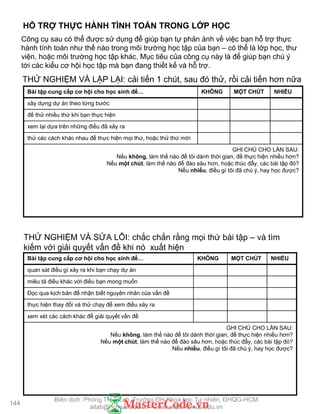 THỬ NGHIỆM VÀ LẶP LẠI: cải tiến 1 chút, sau đó thử, rồi cải tiến hơn nữa
Bài tập cung cấp cơ hội cho học sinh để… KHÔNG MỘT CHÚT NHIỀU
xây dựng dự án theo từng bƣớc
để thử nhiều thứ khi bạn thực hiện
xem lại dựa trên những điều đã xảy ra
thử các cách khác nhau để thực hiện mọi thứ, hoặc thử thứ mới
GHI CHÚ CHO LẦN SAU:
Nếu không, làm thế nào để tôi dành thời gian, để thực hiện nhiều hơn?
Nếu một chút, làm thế nào để đào sâu hơn, hoặc thúc đẩy, các bài tập đó?
Nếu nhiều, điều gì tôi đã chú ý, hay học đƣợc?
THỬ NGHIỆM VÀ SỬA LỖI: chắc chắn rằng mọi thứ bài tập – và tìm
kiếm với giải quyết vấn đề khi nó xuất hiện
Bài tập cung cấp cơ hội cho học sinh để… KHÔNG MỘT CHÚT NHIỀU
quan sát điều gì xảy ra khi bạn chạy dự án
miêu tả điều khác với điều bạn mong muốn
Đọc qua kịch bản để nhận biết nguyên nhân của vấn đề
thực hiện thay đổi và thử chạy để xem điều xảy ra
xem xét các cách khác để giải quyết vấn đề
GHI CHÚ CHO LẦN SAU:
Nếu không, làm thế nào để tôi dành thời gian, để thực hiện nhiều hơn?
Nếu một chút, làm thế nào để đào sâu hơn, hoặc thúc đẩy, các bài tập đó?
Nếu nhiều, điều gì tôi đã chú ý, hay học đƣợc?
Công cụ sau có thể đƣợc sử dụng để giúp bạn tự phản ánh về việc bạn hỗ trợ thực
hành tính toán nhƣ thế nào trong môi trƣờng học tập của bạn – có thể là lớp học, thƣ
viện, hoặc môi trƣờng học tập khác. Mục tiêu của công cụ này là để giúp bạn chú ý
tới các kiểu cơ hội học tập mà bạn đang thiết kế và hỗ trợ.
HỖ TRỢ THỰC HÀNH TÌNH TOÁN TRONG LỚP HỌC
144
Biên dịch: Phòng TN AILab, Trƣờng ĐH Khoa học Tự nhiên, ĐHQG-HCM
ailab@hcmus.edu.vn - www.ailab.hcmus.edu.vn
 