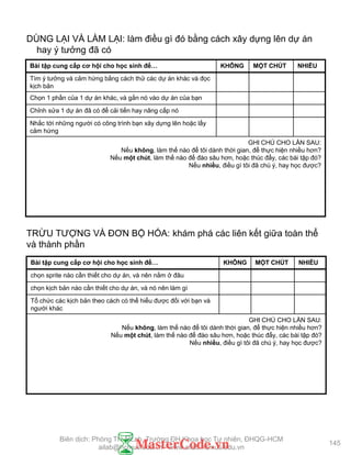DÙNG LẠI VÀ LÀM LẠI: làm điều gì đó bằng cách xây dựng lên dự án
hay ý tƣởng đã có
Bài tập cung cấp cơ hội cho học sinh để… KHÔNG MỘT CHÚT NHIỀU
Tìm ý tƣởng và cảm hứng bằng cách thử các dự án khác và đọc
kịch bản
Chọn 1 phần của 1 dự án khác, và gắn nó vào dự án của bạn
Chỉnh sửa 1 dự án đã có để cải tiến hay nâng cấp nó
Nhắc tới những ngƣời có công trình bạn xây dựng lên hoặc lấy
cảm hứng
GHI CHÚ CHO LẦN SAU:
Nếu không, làm thế nào để tôi dành thời gian, để thực hiện nhiều hơn?
Nếu một chút, làm thế nào để đào sâu hơn, hoặc thúc đẩy, các bài tập đó?
Nếu nhiều, điều gì tôi đã chú ý, hay học đƣợc?
TRỪU TƢỢNG VÀ ĐƠN BỘ HÓA: khám phá các liên kết giữa toàn thể
và thành phần
Bài tập cung cấp cơ hội cho học sinh để… KHÔNG MỘT CHÚT NHIỀU
chọn sprite nào cần thiết cho dự án, và nên nằm ở đâu
chọn kịch bản nào cần thiết cho dự án, và nó nên làm gì
Tổ chức các kịch bản theo cách có thể hiểu đƣợc đối với bạn và
ngƣời khác
GHI CHÚ CHO LẦN SAU:
Nếu không, làm thế nào để tôi dành thời gian, để thực hiện nhiều hơn?
Nếu một chút, làm thế nào để đào sâu hơn, hoặc thúc đẩy, các bài tập đó?
Nếu nhiều, điều gì tôi đã chú ý, hay học đƣợc?
145
Biên dịch: Phòng TN AILab, Trƣờng ĐH Khoa học Tự nhiên, ĐHQG-HCM
ailab@hcmus.edu.vn - www.ailab.hcmus.edu.vn
 