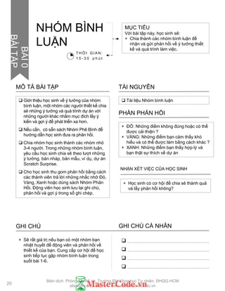 MỤC TIÊU
Với bài tập này, học sinh sẽ:
+ Chia thành các nhóm bình luận để
nhận và gửi phản hồi về ý tƣởng thiết
kế và quá trình làm việc.
 Tài liệu Nhóm bình luận
TÀI NGUYÊN
 Giới thiệu học sinh về ý tƣởng của nhóm
bình luận, một nhóm các ngƣời thiết kế chia
sẻ những ý tƣởng và quá trình dự án với
những ngƣời khác nhằm mục đích lấy ý
kiến và gợi ý để phát triển xa hơn.
 Nếu cần, có sẵn sách Nhóm Phê Bình để
hƣớng dẫn học sinh đƣa ra phản hồi.
 Chia nhóm học sinh thành các nhóm nhỏ
3-4 ngƣời. Trong những nhóm bình luận,
yêu cầu học sinh chia sẽ theo lƣợt những
ý tƣởng, bản nháp, bản mẫu, ví dụ, dự án
Scratch Surprise.
 Cho học sinh thu gom phản hồi bằng cách
các thành viên trả lời những nhắc nhở Đỏ,
Vàng, Xanh hoặc dùng sách Nhóm Phản
Hồi. Động viên học sinh lƣu lại ghi chú,
phản hồi và gợi ý trong sổ ghi chép.
MÔ TẢ BÀI TẬP
+ ĐỎ: Những điểm không đúng hoặc có thể
đƣợc cải thiện ?
+ VÀNG: Những điểm bạn cảm thấy khó
hiểu và có thể đƣợc làm bằng cách khác ?
+ XANH: Những điểm bạn thấy hợp lý và
bạn thật sự thích về dự án
PHẦN PHẢN HỒI
+ Học sinh có cơ hội để chia sẻ thành quả
và lấy phản hồi không?
NHẬN XÉT VIỆC CỦA HỌC SINH
NHÓM BÌNH
LUẬN
GHI CHÚ GHI CHÚ CÁ NHÂN




+ Sẽ rất giá trị nếu bạn có một nhóm bạn
nhiệt huyết để động viên và phản hồi về
thiết kế của bạn. Cung cấp cơ hội để học
sinh tiếp tục gặp nhóm bình luận trong
suốt bài 1-6.
T H Ờ I G I A N :
1 5 - 3 0 p h ú t
20
BÀI0
BÀITẬP
Biên dịch: Phòng TN AILab, Trƣờng ĐH Khoa học Tự nhiên, ĐHQG-HCM
ailab@hcmus.edu.vn - www.ailab.hcmus.edu.vn
 