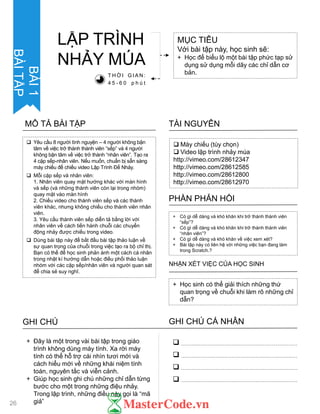 Yêu cầu 8 ngƣời tình nguyện – 4 ngƣời không bận
tâm về việc trở thành thành viên “sếp” và 4 ngƣời
không bận tâm về việc trở thành “nhân viên”. Tạo ra
4 cặp sếp-nhân viên. Nếu muốn, chuẩn bị sẵn sàng
máy chiếu để chiếu video Lập Trình Để Nhảy.
 Mỗi cặp sếp và nhân viên:
1. Nhân viên quay mặt hƣớng khác với màn hình
và sếp (và những thành viên còn lại trong nhóm)
quay mặt vào màn hình
2. Chiếu video cho thành viên sếp và các thành
viên khác, nhƣng không chiếu cho thành viên nhân
viên.
3. Yêu cầu thành viên sếp diễn tả bằng lời với
nhân viên về cách tiến hành chuỗi các chuyển
động nhảy đƣợc chiếu trong video.
 Dùng bài tập này để bắt đầu bài tập thảo luận về
sự quan trọng của chuỗi trong việc tạo ra bộ chỉ thị.
Bạn có thể để học sinh phản ánh một cách cá nhân
trong nhật kí hƣớng dẫn hoặc điều phối thảo luận
nhóm với các cặp sếp/nhân viên và ngƣời quan sát
để chia sẻ suy nghĩ.
MÔ TẢ BÀI TẬP
 Máy chiếu (tùy chọn)
 Video lập trình nhảy múa
http://vimeo.com/28612347
http://vimeo.com/28612585
http://vimeo.com/28612800
http://vimeo.com/28612970
TÀI NGUYÊN
+ Có gì dễ dàng và khó khăn khi trở thành thành viên
“sếp”?
+ Có gì dễ dàng và khó khăn khi trở thành thành viên
“nhân viên”?
+ Có gì dễ dàng và khó khăn về việc xem xét?
+ Bài tập này có liên hệ với những việc bạn đang làm
trong Scratch.?
PHẦN PHẢN HỒI
+ Học sinh có thể giải thích những thứ
quan trọng về chuỗi khi làm rõ những chỉ
dẫn?
NHẬN XÉT VIỆC CỦA HỌC SINH
MỤC TIÊU
Với bài tập này, học sinh sẽ:
+ Học để biểu lộ một bài tập phức tạp sử
dụng sử dụng mỗi dãy các chỉ dẫn cơ
bản.
LẬP TRÌNH
NHẢY MÖA
T H Ờ I G I A N :
4 5 - 6 0 p h ú t
GHI CHÚ GHI CHÚ CÁ NHÂN




+ Đây là một trong vài bài tập trong giáo
trình không dùng máy tính. Xa rời máy
tính có thể hỗ trợ cái nhìn tƣơi mới và
cách hiểu mới về những khái niệm tính
toán, nguyên tắc và viễn cảnh.
+ Giúp học sinh ghi chú những chỉ dẫn từng
bƣớc cho một trong những điệu nhảy.
Trong lập trình, những điều này gọi là “mã
giả”
BÀI1
BÀITẬP
26
 