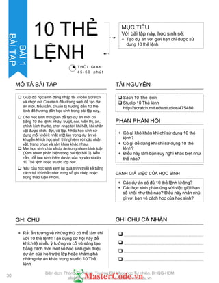 ACTIVITY
DESCRIPTION
 Giúp đỡ học sinh đăng nhập tài khoản Scratch
và chọn nút Create ở đầu trang web để tạo dự
án mới. Nếu cần, chuẩn bị hƣớng dẫn 10 thẻ
lệnh để hƣớng dẫn học sinh trong bài tập này.
 Cho học sinh thời gian để tạo dự án mới chỉ
bằng 10 thẻ lệnh: nhảy, trƣợt, nói, hiển thị, ẩn,
chỉnh kích thƣớc, chơi nhạc tới khi hết, khi nhân
vật đƣợc click, đợi, và lặp. Nhắc học sinh sử
dụng mỗi khối ít nhất một lần trong dự án và
khuyến khích học sinh thí nghiệm với các nhân
vật, trang phục và sân khấu khác nhau.
 Mời học sinh chia sẻ dự án trong nhóm bình luận
(Xem nhóm phản biện trong bài tập bài 0). Nếu
cần, để học sinh thêm dự án của họ vào studio
10 Thẻ lệnh hoặc studio lớp học.
 Yêu cầu học sinh xem lại quá trình thiết kế bằng
cách trả lời nhắc nhở trong sổ ghi chép hoặc
trong thảo luận nhóm.
MÔ TẢ BÀI TẬP
 Sách 10 Thẻ lệnh
 Studio 10 Thẻ lệnh
http://scratch.mit.edu/studios/475480
TÀI NGUYÊN
+ Có gì khó khăn khi chỉ sử dụng 10 thẻ
lệnh?
+ Có gì dễ dàng khi chỉ sử dụng 10 thẻ
lệnh?
+ Điều này làm bạn suy nghĩ khác biệt nhƣ
thế nào?
PHẦN PHẢN HỒI
+ Các dự án có đủ 10 thẻ lệnh không?
+ Các học sinh phản ứng với việc giới hạn
số khối nhƣ thế nào? Điều này nhắn nhủ
gì với bạn về cách học của học sinh?
ĐÁNH GIÁ VIỆC CỦA HỌC SINH
GHI CHÚ GHI CHÚ CÁ NHÂN




+ Rất ấn tƣợng về những thứ có thể làm chỉ
với 10 thẻ lệnh! Tận dụng cơ hội này để
khích lệ nhiều ý tƣởng và cổ vũ sáng tạo
bằng cách mời một số học sinh giới thiệu
dự án của họ trƣớc lớp hoặc khám phá
những dự án khác trong studio 10 Thẻ
lệnh
MỤC TIÊU
Với bài tập này, học sinh sẽ:
+ Tạo dự án với giới hạn chỉ đƣợc sử
dụng 10 thẻ lệnh
10 THẺ
LỆNHT H Ờ I G I A N :
4 5 - 6 0 p h ú t
30
BÀI1
BÀITẬP
Biên dịch: Phòng TN AILab, Trƣờng ĐH Khoa học Tự nhiên, ĐHQG-HCM
ailab@hcmus.edu.vn - www.ailab.hcmus.edu.vn
 