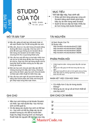  Sách Studio Của Tôi
 Studio mẫu
http://scratch.mit.edu/studios/211580
http://scratch.mit.edu/studios/138296
http://scratch.mit.edu/studios/138297
http://scratch.mit.edu/studios/138298
TÀI NGUYÊN
 Nếu cần, giảng về cách tạo một studio hoặc có
sẵn sách Studio Của Tôi để hƣớng dẫn học sinh.
 Nếu cần, đƣa ra ví dụ cảm hứng về studio bằng
đƣờng dẫn đƣợc cung cấp. Cho học sinh 10
phút để xem qua những dự án Scratch đã có
trên trang chủ Scratch và tìm kiếm những
chƣơng trình thú vị qua trang Khám phá.
 Yêu cầu học sinh để chọn ra ba hoặc nhiều hơn
các dự án có thể dùng để lấy cảm hứng cho dự
án của họ. Giúp học sinh tạo trang studio mới từ
trang My Stuff và thêm những dự án đầy cảm
hứng vào studio.
 Mời các học sinh chia sẻ cách tiếp cận để tìm
những chƣơng trình đầy cảm hứng. Chúng tôi
gợi ý chia sẻ nhóm: giúp học sinh chia sẻ studio
và thảo luận chiến thuật tìm kiếm theo cặp.
 Yêu cầu học sinh nghĩ về quá trình khám phá
bằng cách trả lời phản ánh nhắc nhở trong sổ
ghi chép hoặc trong thảo luận nhóm.
MÔ TẢ BÀI TẬP
+ Chiến thuật tìm kiếm những studio hấp dẫn của bạn
là gì?
+ Mỗi dự án mẫu giúp ích thế nào trong việc học sau
này?
+ Rất quan trọng để nói cảm ơn tới nguồn của sự hứng
khởi. Bạn cảm ơn những ngƣời tạo ra dự án hứng
khởi nhƣ thế nào?
PHẦN PHẢN HỒI
+ Có nhiều hơn 3 dự án trong studio
không?
+ Những dự án nói gì về sở thích thiết kế
của học sinh?
NHẬN XÉT VIỆC CỦA HỌC SINH
GHI CHÚ GHI CHÚ CÁ NHÂN




+ Nếu học sinh không có tài khoản Scratch
cá nhân, tạo một studio lớp học mà học
sinh có thể quản lý.
+ Có đa dạng các studio học sinh có thể tạo
ra – học sinh có thể thu thập các dự án
scratch tƣơng tự chủ để họ muốn làm
hoặc thu thập chƣơng trình có những kĩ
thuật hoặc tài nguyên để tích hợp sau này.
MỤC TIÊU
Với bài tập này, học sinh sẽ:
+ Khảo sát khả năng sáng tạo cùng với
Scratch bằng cách khám phá hàng
triệu dự án trên trang web Scratch.
+ Quản lý bộ sƣu tập ba hoặc nhiều dự
án hơn trong một studio Scratch
STUDIO
CỦA TÔI
T H Ờ I G I A N :
1 5 - 3 0 p h ú t
32
BÀI1
BÀITẬP
 