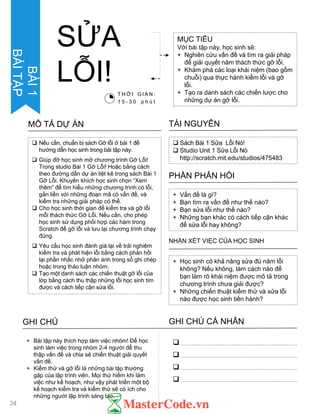 Sách Bài 1 Sửa Lỗi Nó!
 Studio Unit 1 Sửa Lỗi Nó
http://scratch.mit.edu/studios/475483
TÀI NGUYÊN
 Nếu cần, chuẩn bị sách Gỡ lỗi ở bài 1 để
hƣớng dẫn học sinh trong bài tập này.
 Giúp đỡ học sinh mở chƣơng trình Gỡ Lỗi!
Trong studio Bài 1 Gỡ Lỗi! Hoặc bằng cách
theo đƣờng dẫn dự án liệt kê trong sách Bài 1
Gỡ Lỗi. Khuyến khích học sinh chọn “Xem
thêm” để tìm hiểu những chƣơng trình có lỗi,
gắn liền với những đoạn mã có vấn đề, và
kiểm tra những giải pháp có thể.
 Cho học sinh thời gian để kiểm tra và gỡ lỗi
mỗi thách thức Gỡ Lỗi. Nếu cần, cho phép
học sinh sử dụng phối hợp các hàm trong
Scratch để gỡ lỗi và lƣu lại chƣơng trình chạy
đúng.
 Yêu cầu học sinh đánh giá lại về trải nghiệm
kiểm tra và phát hiện lỗi bằng cách phản hồi
lại phần nhắc nhở phản ánh trong sổ ghi chép
hoặc trong thảo luận nhóm.
 Tạo một danh sách các chiến thuật gỡ lỗi của
lớp bằng cách thu thập những lỗi học sinh tìm
đƣợc và cách tiếp cận sửa lỗi.
MÔ TẢ DỰ ÁN
+ Vấn đề là gì?
+ Bạn tìm ra vấn đề nhƣ thế nào?
+ Bạn sửa lỗi nhƣ thế nào?
+ Những bạn khác có cách tiếp cận khác
để sửa lỗi hay không?
PHẦN PHẢN HỒI
+ Học sinh có khả năng sửa đủ năm lỗi
không? Nếu không, làm cách nào để
bạn làm rõ khái niệm đƣợc mô tả trong
chƣơng trình chƣa giải đƣợc?
+ Những chiến thuật kiểm thử và sửa lỗi
nào đƣợc học sinh tiến hành?
NHẬN XÉT VIỆC CỦA HỌC SINH
ACTIVITY
DESCRIPTION
GHI CHÚ GHI CHÚ CÁ NHÂN




+ Bài tập này thích hợp làm việc nhóm! Để học
sinh làm việc trong nhóm 2-4 ngƣời để thu
thập vấn đề và chia sẻ chiến thuật giải quyết
vấn đề.
+ Kiểm thử và gỡ lỗi là những bài tập thƣờng
gặp của lập trình viên. Mọi thứ hiếm khi làm
việc nhƣ kế hoạch, nhƣ vậy phát triển một bộ
kế hoạch kiểm tra và kiểm thử sẽ có ích cho
những ngƣời lập trình sáng tạo.
SỬA
LỖI!
MỤC TIÊU
Với bài tập này, học sinh sẽ:
+ Nghiên cứu vấn đề và tìm ra giải pháp
để giải quyết năm thách thức gỡ lỗi.
+ Khám phá các loại khái niệm (bao gồm
chuỗi) qua thực hành kiểm lỗi và gỡ
lỗi.
+ Tạo ra danh sách các chiến lƣợc cho
những dự án gỡ lỗi.
T H Ờ I G I A N :
1 5 - 3 0 p h ú t
34
BÀI1
BÀITẬP
 