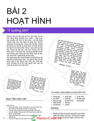 “Ý tƣởng lớn”
BÀI 2
HOẠT HÌNH
Những đứa trẻ đã chia sẻ hơn sáu triệu dự án
trên cộng đồng Scratch trực tuyến – hiệu ứng,
câu chuyện, trò chơi và hơn nữa – và một trong
những mục tiêu của sách là phản ánh những
sáng tạo đa dạng này. Trong các bài tập, chúng
tôi hỗ trợ cơ hội để cá nhân hóa và tránh những
bài tập chỉ có một ý kiến “đúng”; qua suốt các bài
tập, chúng tôi đặt học viên vào những chủ đề
khác nhau. Trong bài này chúng ta bắt đầu khám
phá không gian sáng tạo này bằng cách đi sâu
vào hoạt hình, nghệ thuật và âm nhạc.
Đa dạng sáng tạo trong Scratch thƣờng đƣợc đề
cập bởi những ngƣời học. Có một số câu hỏi đã
đƣợc đặt ra bởi ngƣời học “Nếu bạn phải giải
thích Scratch là gì tới một ngƣời bạn, bạn sẽ
miêu tả Scratch nhƣ thế nào?”
MỤC TIÊU HỌC TẬP
Học sinh sẽ:
+ Đƣợc giới thiệu về các khái niệm tƣ duy tính toán nhƣ
khái niệm về vòng lặp, sự kiện và song song.
+ Trở nên quen thuộc với những khái niệm của chuỗi
+ Làm thí nghiệm những khối mới thuộc loại sự kiện, âm
thanh, và giao diện.
+ Khám phá nhiều loại chƣơng trình Scratch giao diện
nghệ thuật.
+ Tạo dự án hoạt hình âm thanh hình ảnh.
+ Nhiều bài tập trong bài bao gồm các thành
phần âm thanh và nhạc. Chúng tôi khuyến
khích chuẩn bị sẵn tai nghe cho học sinh.
NOTES
+ Vòng lặp
+ Sự kiện
+ Song song
+ Điều khiển
+ broadcast
+ Kịch bản
+ Chế độ
thuyết trình
+ bitmap
+ vector
+ Hoạt hình
+ Đi dạo gian
trƣng bày
TỪ KHÓA, KHÁI NIỆM VÀ NGUYÊN TẮC
40
 