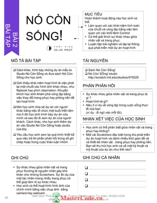  Cách khác, trình bày những dự án mẫu từ
Studio Nó Còn Sống và đƣa sách Nó Còn
Sống cho học sinh.
 Giới thiệu khái niệm hoạt hình là việc phát
lại một chuỗi các hình ảnh khác nhau, nhƣ
flipbook hay phim claymation. Khuyến
khích học sinh khám phá vòng lặp bằng
việc thay đổi trang phục hay phông nền để
tạo hoạt hình.
 Mời học sinh chia sẻ dự án với ngƣời
khác bằng việc tổ chức một buổi triển lãm
mà ở đó học sinh trình bày dự án của
mình và sau đó đi xem dự án của ngƣời
khách. Cách khác, cho học sinh thêm dự
án vào Studio Nó Còn Sống hoặc studio
của lớp.
 Yêu cầu học sinh xem lại quá trình thiết kế
qua việc trả lời phần phản hồi trong sổ ghi
chép hoặc trong cuộc thảo luận nhóm
MÔ TẢ BÀI TẬP
 Sách Nó Còn Sống!
 Nó Còn SỐng! studio
http://scratch.mit.edu/studios/475529
TÀI NGUYÊN
+ Sự khác nhau giữa nhân vật và trang phục là
gì ?
+ Hoạt hình là gì?
+ Nêu 3 ví dụ về vòng lặp trong cuộc sống thực
tế của bạn
(ví dụ : đi ngủ vào mỗi tối).
PHẦN PHẢN HỒI
+ Học sinh có thể phân biệt giữa nhân vật và trang
phục hay không?
+ Một vài Scratchers đặc biệt hứng thú phát triển
dự án hoạt hình và dành nhiều thời gian để vẽ
và thiết kế nhân vật , trang phục hay phông nền.
Bạn sẽ thu hút học sinh cả về mặt kỹ thuật và
mỹ thuật của dự án nhƣ thế nào?
NHẬN XÉT VIỆC CỦA HỌC SINH
GHI CHÚ GHI CHÚ CÁ NHÂN




+ Sự khác nhau giữa nhân vật và trang
phục thƣờng là nguyên nhân gây khó
khăn cho những Scratchers. Sự ẩn dụ của
một tác nhân mang nhiều trang phục có
thể giúp làm rõ sự khác nhau.
+ Hoc sinh có thể hoạt hình hình ảnh của
chính mình bằng việc chụp ảnh bằng
camera hay webcam.
MỤC TIÊU
Hoàn thành hoạt động này học sinh có
thể:
+ Làm quen với các khái niệm tính toán
của chuỗi và vòng lặp bằng việc làm
quen với các khối lệnh Control
+ Có thể giải thích sự khác nhau giữa
nhân vật và trang phục.
+ Luyện tập trải nghiệm và lặp lại thông
qua phát triển một dự án hoạt hình
NÓ CÒN
SỐNG!
T H Ờ I G I A N
30–45 PHÚT
48
BÀI2
BÀITẬP
Biên dịch: Phòng TN AILab, Trƣờng ĐH Khoa học Tự nhiên, ĐHQG-HCM
ailab@hcmus.edu.vn - www.ailab.hcmus.edu.vn
 