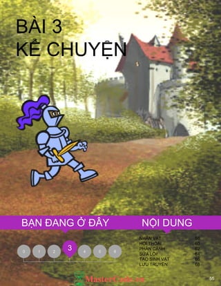 55
NHÂN VẬT 58
HỘI THOẠI 60
PHÂN CẢNH 62
SỬA LỖI! 64
TẠO SINH VẬT 66
LƢU TRUYỀN 68
0 1 2 4 5 6
3
BÀI 3
KỂ CHUYỆN
NỘI DUNGBẠN ĐANG Ở ĐÂY
55
 