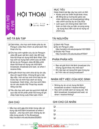  Cách khác, cho học sinh khám phá dự án
Penguin Joke theo nhóm và phát sách Hội
thoại cho họ.
 Cho học sinh nghiên cứu dự án Penguin
Joke để quan sát làm cách nào để hoạt
hóa hội thoại sử dụng khối lệnh Wait. Cho
học sinh sử dụng hàm chỉnh sửa và thiết
kế lại dự án Penguin Joke để điều phối
đoạn hội thoại sử dụng các khối lệnh
broadcast, broadcast and wait, và when I
receive thẻs.
 Khuyến khích học sinh chia sẽ dự án câu
đùa với ngƣời khác. Chúng tôi gợi ý bài
tập mẫu: mời vài học sinh trình bày dự án
trƣớc lớp và minh họa cách sử dụng
broadcast. Cách khác, cho học sinh thêm
dự án vào studio Hội Thoại hay studio
riêng của lớp
 Yêu cầu học sinh xem lại quá trình thiết kế
qua việc trả lời phần phản hồi trong sổ ghi
chép hoặc trong cuộc thảo luận nhóm
MÔ TẢ BÀI TẬP
MỤC TIÊU
Hoàn thành bài tập này học sinh có thể:
+ Khám phá hai chiến thuật khác nhau
để đồng bộ sự tƣơng tác giữa các
nhân vật(timing và broadcasting) bằng
việc chỉnh sửa lại dự án Câu Đùa
+ Làm quen với những khái niệm tính
toán cơ bản của sự kiện và song song
, áp dụng thực tiễn của tái sử dụng và
chỉnh sửa.
HỘI THOẠI
 Sách Hội Thoại
 Dự án Penguin Joke
http://scratch.mit.edu/projects/10015800
 Studio Hội Thoại
http://scratch.mit.edu/studios/475547
TÀI NGUYÊN
+ Bạn sẽ giải thích thẻ lệnh broadcast cho
những ngƣời khác nhƣ thế nào?
+ Khi nào bạn sử dụng thời gian trong dự
án? Khi nào sử dụng broadcast?
PHẦN PHẢN HỒI
+ Những dự án có sử dụng thẻ lệnh
broadcast và when I receive không?
+ Học sinh có biết cách sử dụng các thẻ
lệnh broadcast, broadcast and wait, và
when I receive không?
NHẬN XÉT VIỆC CỦA HỌC SINH
GHI CHÚ GHI CHÚ CÁ NHÂN




+ Nếu học sinh gặp khó khăn trong việc sử
dụng cặp khối lệnh broadcast và when I
receive , cho học sinh xem những dự án
mẫu trong studio Ví Dụ Broadcast:
http://scratch.mit.edu/studios/202853
T H Ờ I G I A N
30–45 PHÚT
60
BÀI3
BÀITẬP
Biên dịch: Phòng TN AILab, Trƣờng ĐH Khoa học Tự nhiên, ĐHQG-HCM
ailab@hcmus.edu.vn - www.ailab.hcmus.edu.vn
 
