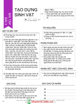  Ở bài tập này, học sinh sẽ vẽ một “sinh vật “
trong 3 phần.
 Cho học sinh mảnh giấy đã đƣợc gấp làm 3 và 1
phút để vẽ “ phần đầu” cho nhân vật của họ.
Sau đó, yêu cầu học sinh gấp giấy lại để phần
“đầu” bị ẩn đi, và đánh dấu vị trí để vẽ tiếp
“phần thân” Sau khi “phần đầu” bị ẩn đi, học
sinh sẽ truyền mảnh giấy cho những học sinh
khác . Sau đó, cho học sinh 1 phút để vẽ
“phần thân” cho nhân vật, nhƣng nhớ là không
đƣợc nhìn “phần đầu” nhé! Sau khi vẽ xong,
tiếp tục truyền cho học sinh khác. Cuối cùng
cho học sinh 1 phút để vẽ “phần dƣới” của sinh
vật. Sau khi hoàn thành, mở phần giấy đã
đƣợc gấp để lộ ra sinh vật đã đƣợc tạo dựng.
 Trình bày những bản vẽ lên tƣờng hoặc bảng
để cho học sinh khám phá những kết quả của
sự đóng góp sáng tạo
 Tạo điều kiện cho một cuộn thảo luận nhóm về
quyền tác giả, sự hợp tác, việc tái sử dụng và
chỉnh sửa dự án
MÔ TẢ BÀI TẬP
MỤC TIÊU
Hoàn thành bài tập này, học sinh có thể:
+ Đƣợc giới thiệu các nguyên tắc tính
toán của việc tái sử dụng và chỉnh sửa
lại
TẠO DỰNG
SINH VẬT
 Giấy trắng (khoảng 8.5” đến 11”), gấp
thành 3 phần
 Dụng cụ để vẽ phát hoạ (bút chì, bút bi,
bút long,…)
TÀI NGUYÊN
+ Định nghĩa của bạn về việc chỉnh sửa lại?
+ Suy nghĩ về sinh vật mà bạn dự định vẽ
khi bắt đầu. Ý tƣởng của bạn đã đƣợc mở
rộng hay nâng cao bởi sự đóng góp của
ngƣời khác nhƣ thế nào?
+ Xem phần nhân vật mà bạn mở
rộng(“phần thân” và “phần dƣới”) phần
đóng góp đó đã nâng cao ý tƣởng của
ngƣời khác nhƣ thế nào?
PHẦN PHẢN HỒI
+ Học sinh có thể giải thích việc chỉnh sửa lại
và lợi ích của điều đó hay không?
NHẬN XÉT VIỆC CỦA HỌC SINH
GHI CHÚ GHI CHÚ CÁ NHÂN




+ Bài tập này là một bài tập chuẩn bị cho dự án
lƣu truyền. Chúng tôi gợi ý tạo điều kiện cho
bài tập Tạo Dựng Sinh Vật ngay trƣớc khi
bƣớc vào dự án Lƣu Truyền.
+ Cách khác, cho học sinh ký tên của mình vào
cuối mỗi bức vẽ để nhận biết ngƣời đã vẽ.
T H Ờ I G I A N
15–30 PHÚT
66
BÀITẬP
BÀI3
Biên dịch: Phòng TN AILab, Trƣờng ĐH Khoa học Tự nhiên, ĐHQG-HCM
ailab@hcmus.edu.vn - www.ailab.hcmus.edu.vn
 
