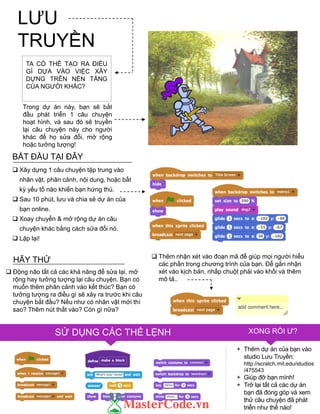 FINISHED?
FINISHED?SỬ DỤNG CÁC THẺ LỆNH XONG RỒI Ƣ?
+ Thêm dự án của bạn vào
studio Lƣu Truyền:
http://scratch.mit.edu/studios
/475543
+ Giúp đỡ bạn mình!
+ Trở lại tất cả các dự án
bạn đã đóng góp và xem
thử câu chuyện đã phát
triển nhƣ thế nào!
TA CÓ THỂ TẠO RA ĐIỀU
GÌ DỰA VÀO VIỆC XÂY
DỰNG TRÊN NỀN TẢNG
CỦA NGƢỜI KHÁC?
Trong dự án này, bạn sẽ bắt
đầu phát triển 1 câu chuyện
hoạt hình, và sau đó sẽ truyền
lại câu chuyện này cho ngƣời
khác để họ sửa đổi, mở rộng
hoặc tƣởng tƣợng!
BẮT ĐẦU TẠI ĐÂY
 Xây dựng 1 câu chuyện tập trung vào
nhân vật, phân cảnh, nội dung, hoặc bất
kỳ yếu tố nào khiến bạn hứng thú.
 Sau 10 phút, lƣu và chia sẻ dự án của
bạn online.
 Xoay chuyển & mở rộng dự án câu
chuyện khác bằng cách sửa đổi nó.
 Lặp lại!
 Động não tất cả các khả năng để sửa lại, mở
rộng hay tƣởng tƣợng lại câu chuyện. Bạn có
muốn thêm phân cảnh vào kết thúc? Bạn có
tƣởng tƣợng ra điều gì sẽ xảy ra trƣớc khi câu
chuyện bắt đầu? Nếu nhƣ có nhân vật mới thì
sao? Thêm nút thắt vào? Còn gì nữa?
HÃY THỬ  Thêm nhận xét vào đoạn mã để giúp mọi ngƣời hiểu
các phần trong chƣơng trình của bạn. Để gắn nhận
xét vào kịch bản, nhấp chuột phải vào khối và thêm
mô tả..
LƢU
TRUYỀN
 